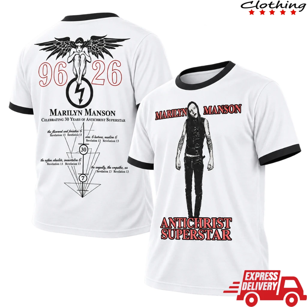Marilyn Manson Antichrist Superstar 30th Anniversary 2026 Fallen Angel Halo Ringer T-Shirt